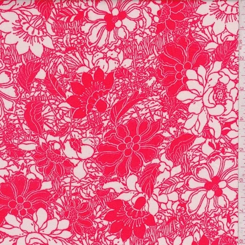 1 1/4 YD PC-Red/White Floral Rayon Challis Fabric