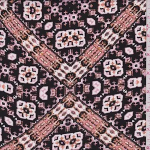 1 3/4 YD PC-Black/Blush Medallion Lattice Rayon Challis Fabric