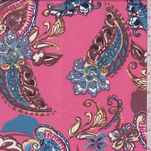 1 YD PC-Deep Pink/Mauve/Blue Paisley Double Brushed Jersey Knit Fabric