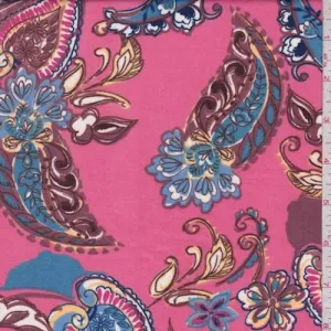 1 YD PC-Deep Pink/Mauve/Blue Paisley Double Brushed Jersey Knit Fabric