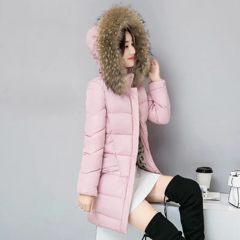 2020 Winter Jacket Women Coat Fur Collar Hooded Parkas Female Jacket Long Coat Thick Warm Cotton Padded Parka Outerwear P1035