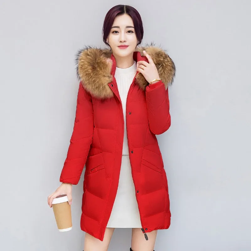 2020 Winter Jacket Women Coat Fur Collar Hooded Parkas Female Jacket Long Coat Thick Warm Cotton Padded Parka Outerwear P1035