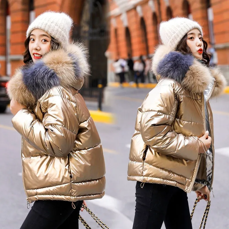 2021 New Winter Jacket Women&#39;s Parka Fur Collar Hooded Down Cotton Jacket Female Glossy Casual Cotton Padded Parkas Outerwear