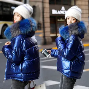 2021 New Winter Jacket Women&#39;s Parka Fur Collar Hooded Down Cotton Jacket Female Glossy Casual Cotton Padded Parkas Outerwear