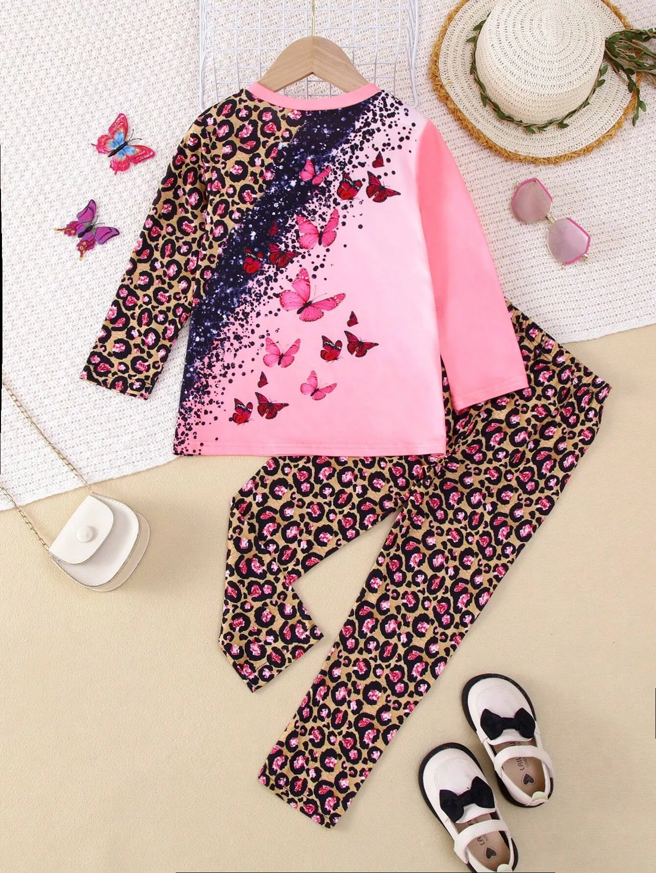 2pcs/Set Girls Casual Butterfly Color Blocking Print Long Sleeve Top And Leopard Print Skinny Pants Outfit, Autumn/Winter