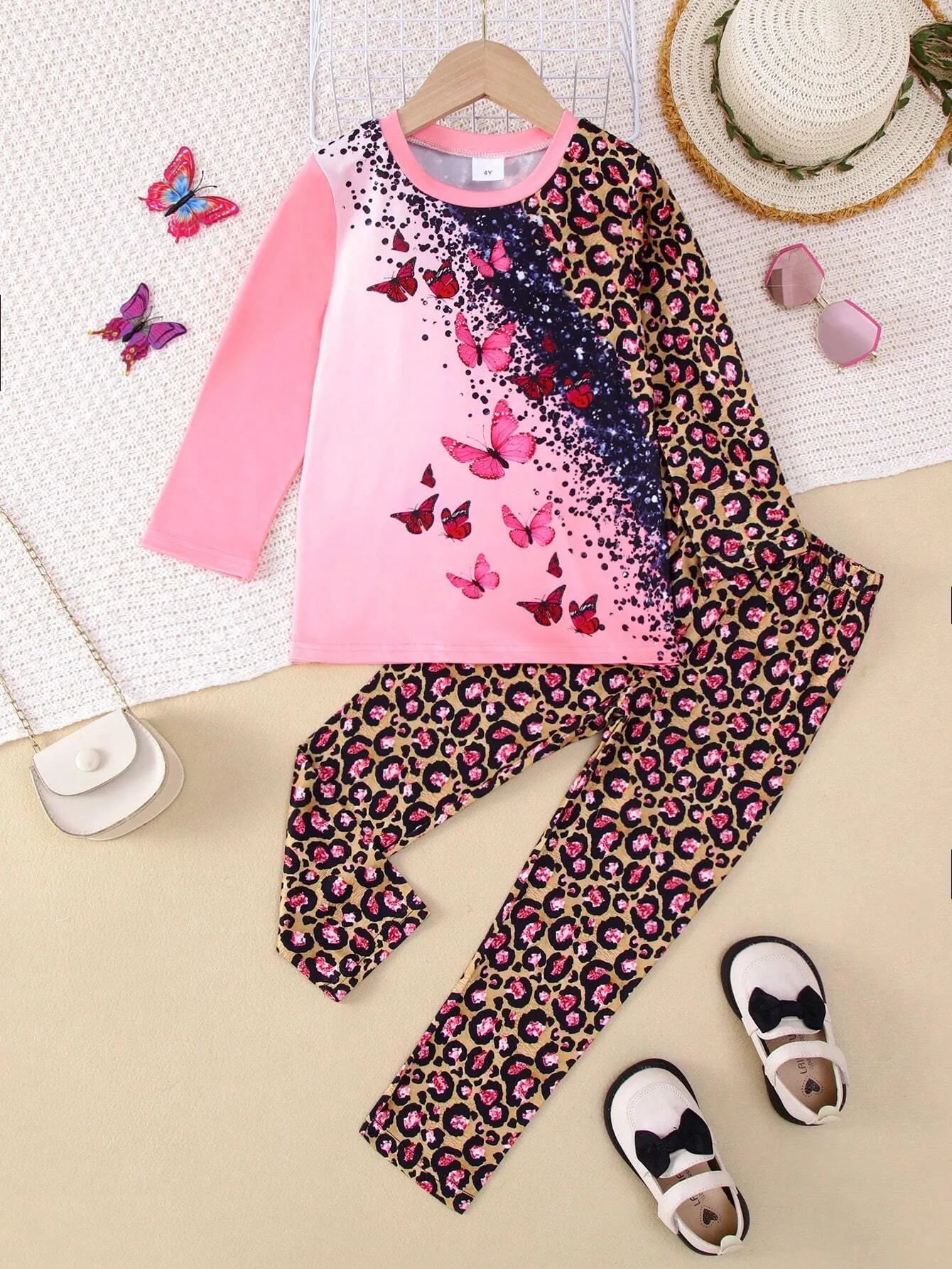 2pcs/Set Girls Casual Butterfly Color Blocking Print Long Sleeve Top And Leopard Print Skinny Pants Outfit, Autumn/Winter