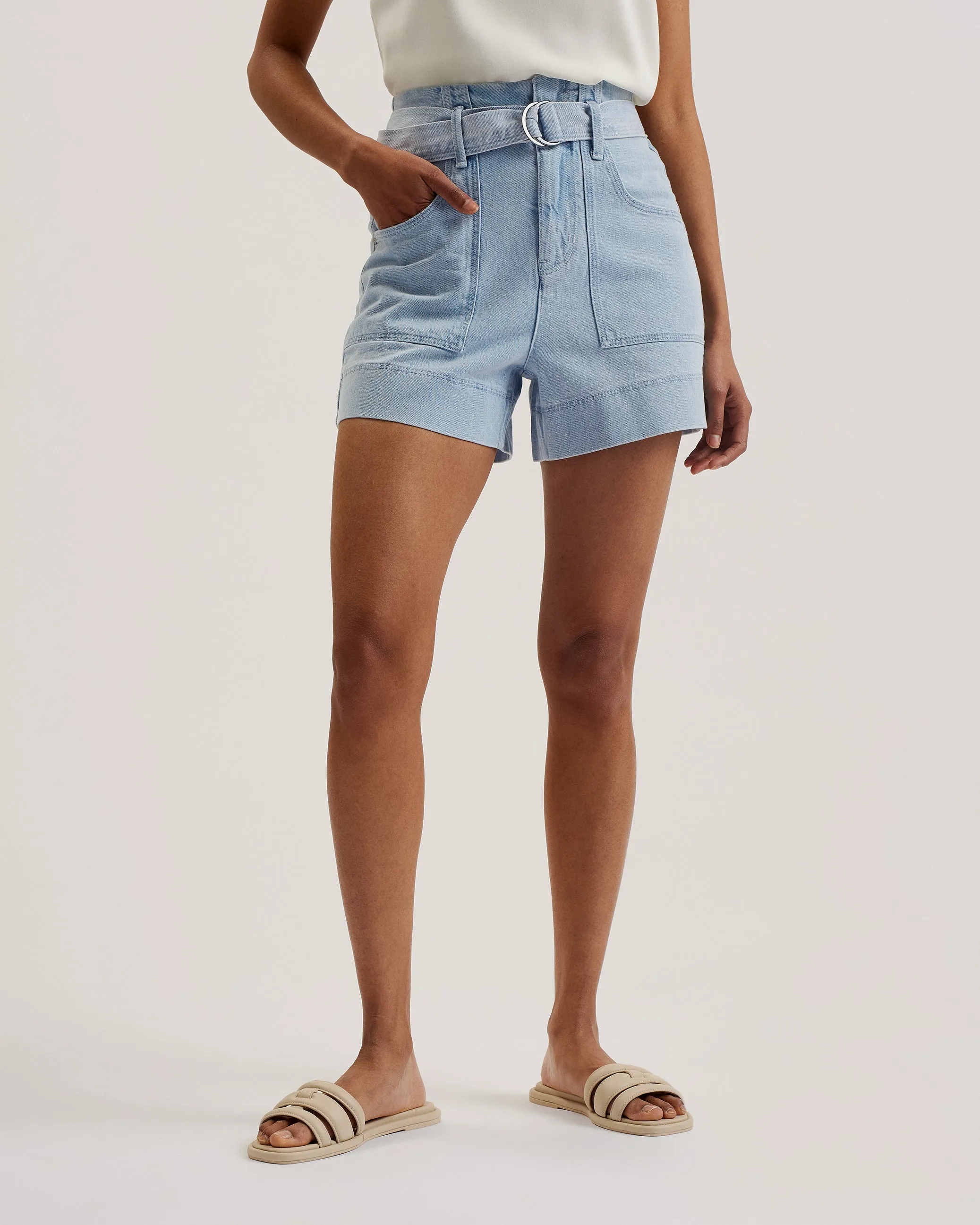 Anchi High Waisted Denim Shorts With Belt Lt-Wash