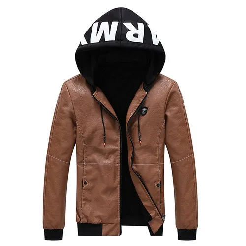 Army Printed Color Accent Leather Hooded Jacket