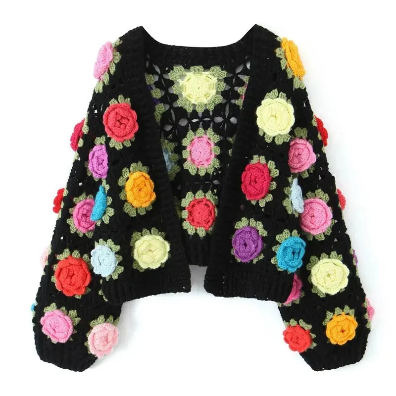 Autumn Hollow Out Splice Flower Short Street Fashion Vitage New Sweater