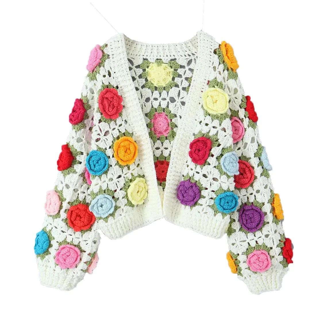 Autumn Hollow Out Splice Flower Short Street Fashion Vitage New Sweater