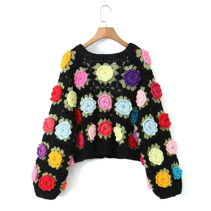 Autumn Hollow Out Splice Flower Short Street Fashion Vitage New Sweater