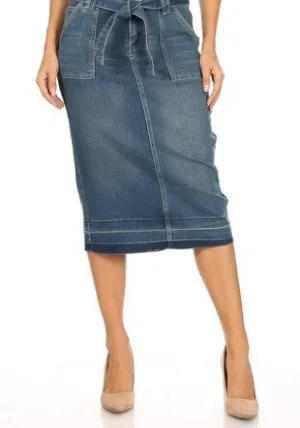 Belted Denim Skirt W/ Pockets