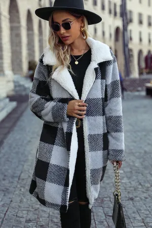 BerryBetty - Black Fleece Plaid Notched Lapel Midi Coat With Pockets