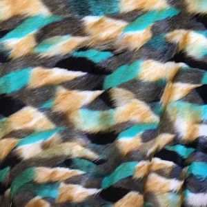 Black Beige Teal White Puzzled Multicolor Faux Fur Fabric