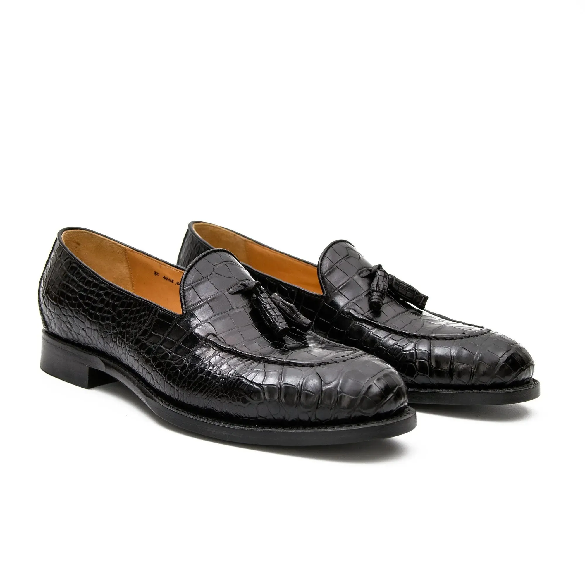 Black Crocodile Loafers with Tassels