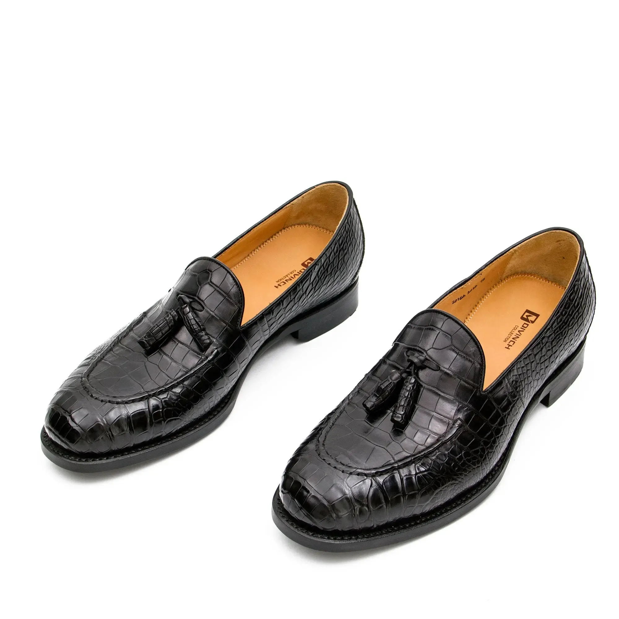 Black Crocodile Loafers with Tassels