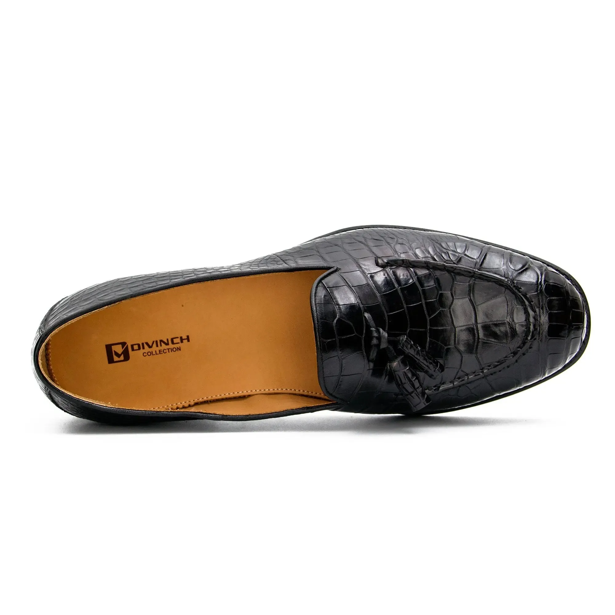 Black Crocodile Loafers with Tassels