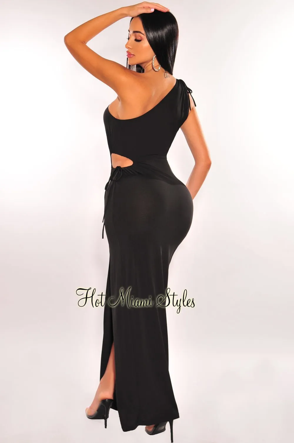 Black One Shoulder Ruched Drawstring Keyhole Slit Dress