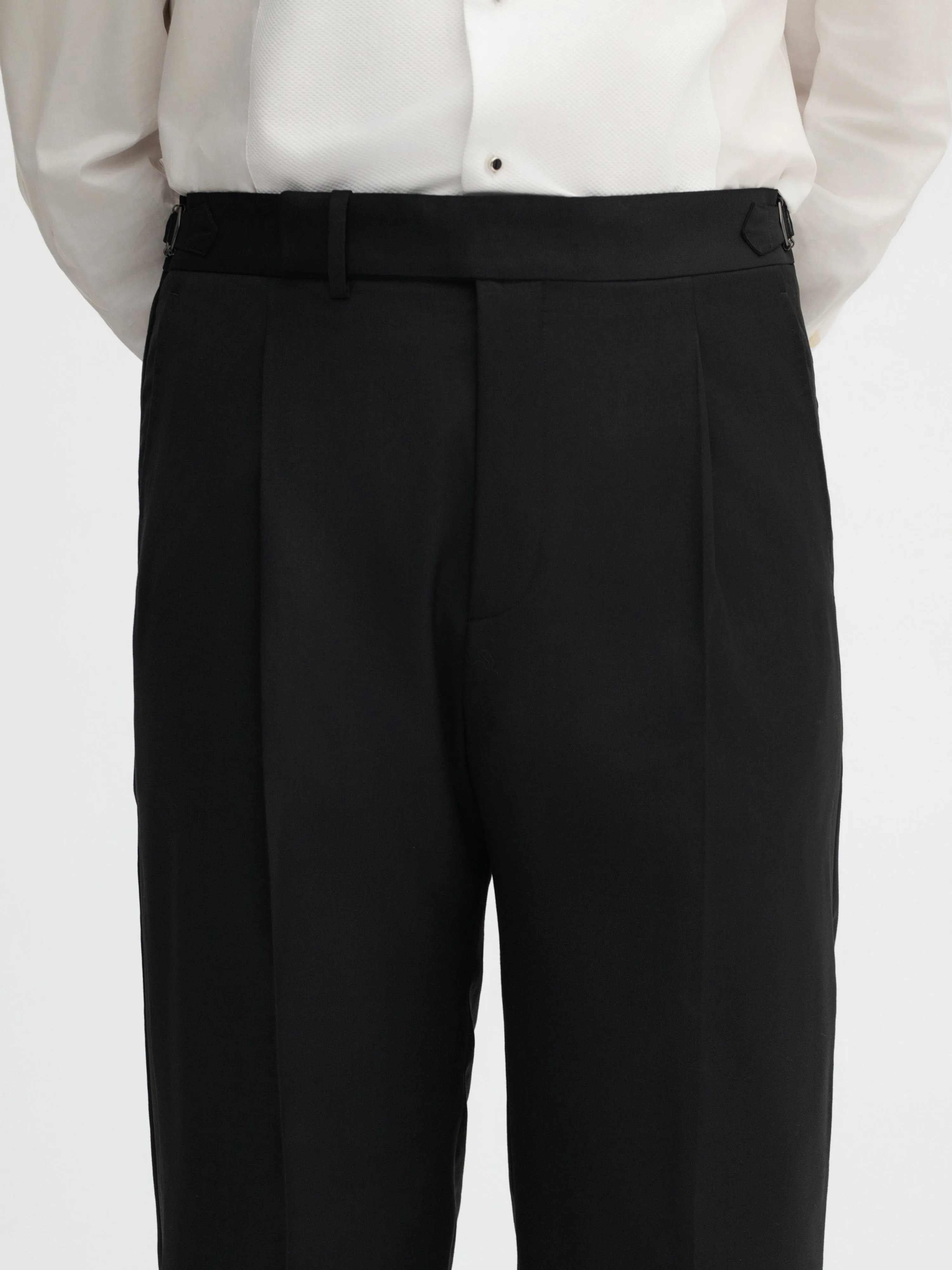 Black S130 Wool Tuxedo Trousers (Wide Fit)