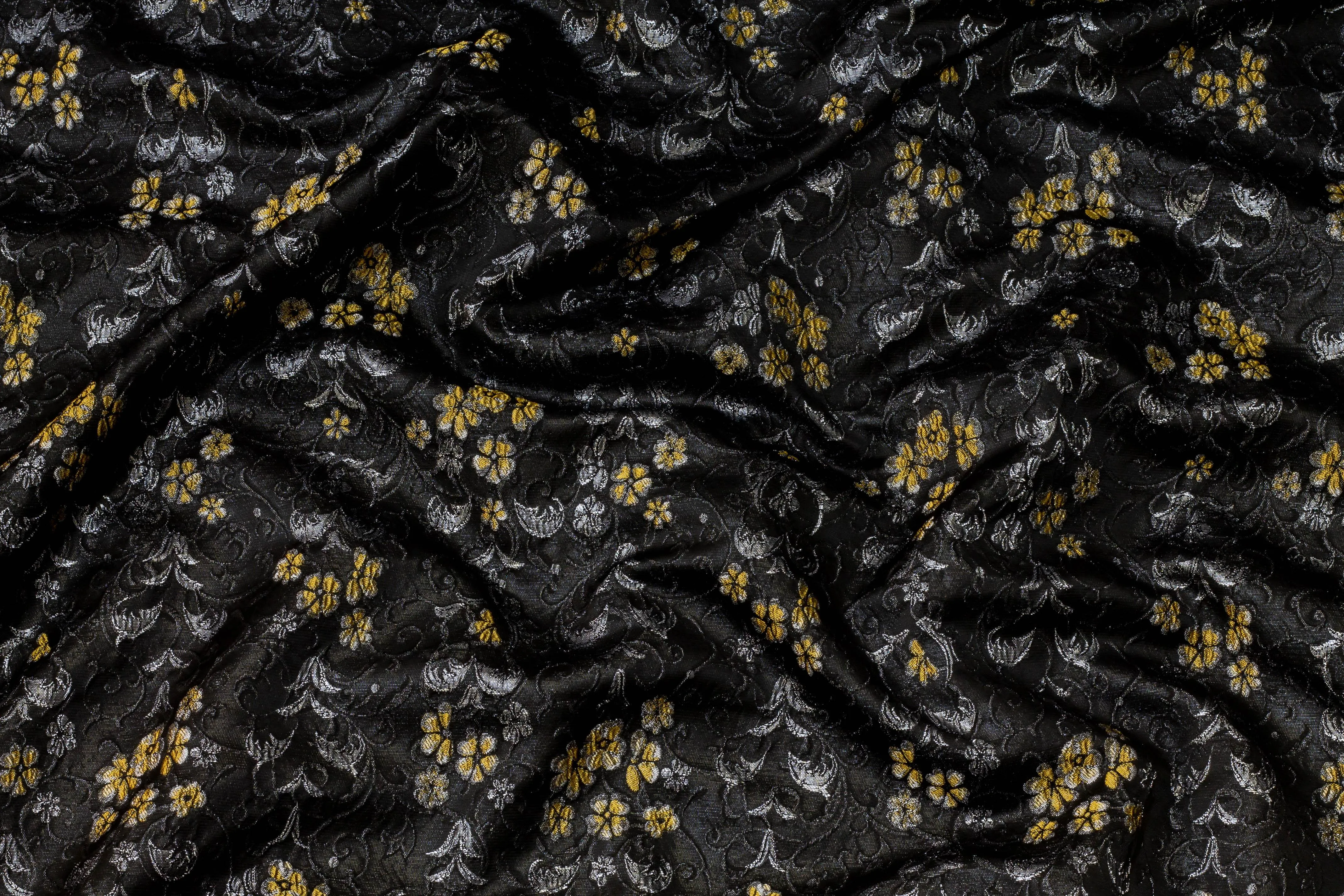 Black, Silver and Yellow French Metallic Floral Brocade