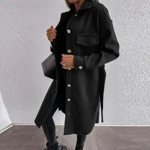 Blend Woolen Fashion Casual Long Sleeve Pocket Solid Belted Winter Autumn Coats