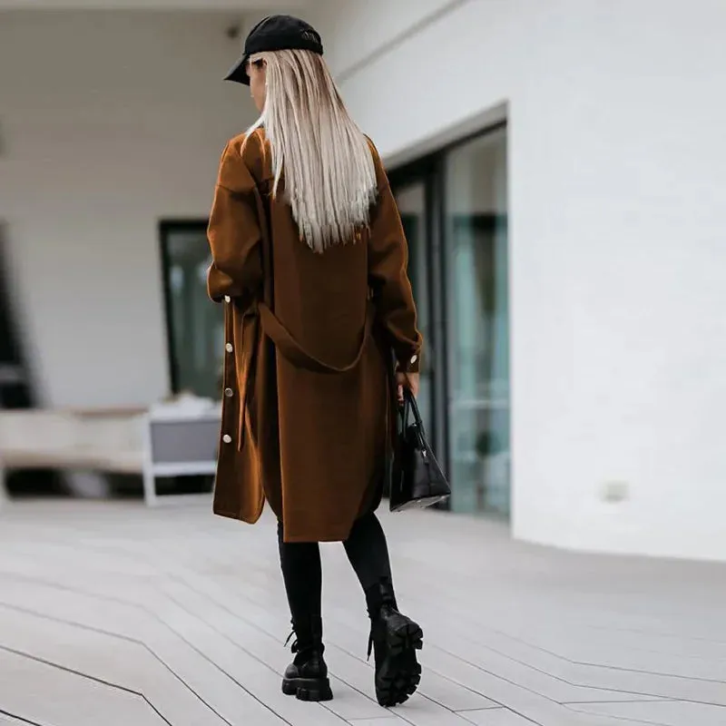 Blend Woolen Fashion Casual Long Sleeve Pocket Solid Belted Winter Autumn Coats