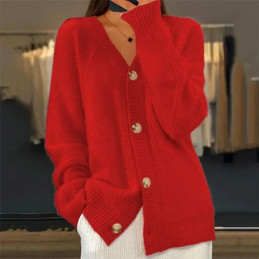 Breasted Trend Solid Color V-neck Knitted Brocade Long Sleeve Women Coats