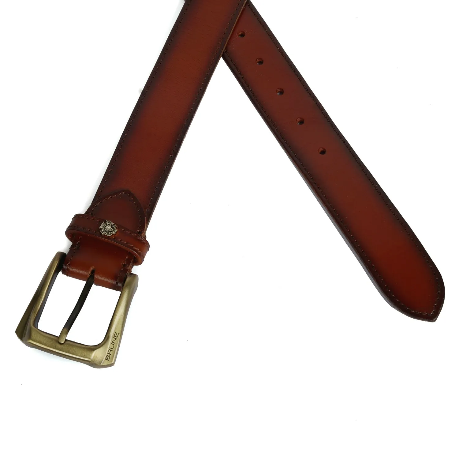 Burnished Tan Leather Belt With Smokey Gold New Slant Shape Buckle By Brune & Bareskin