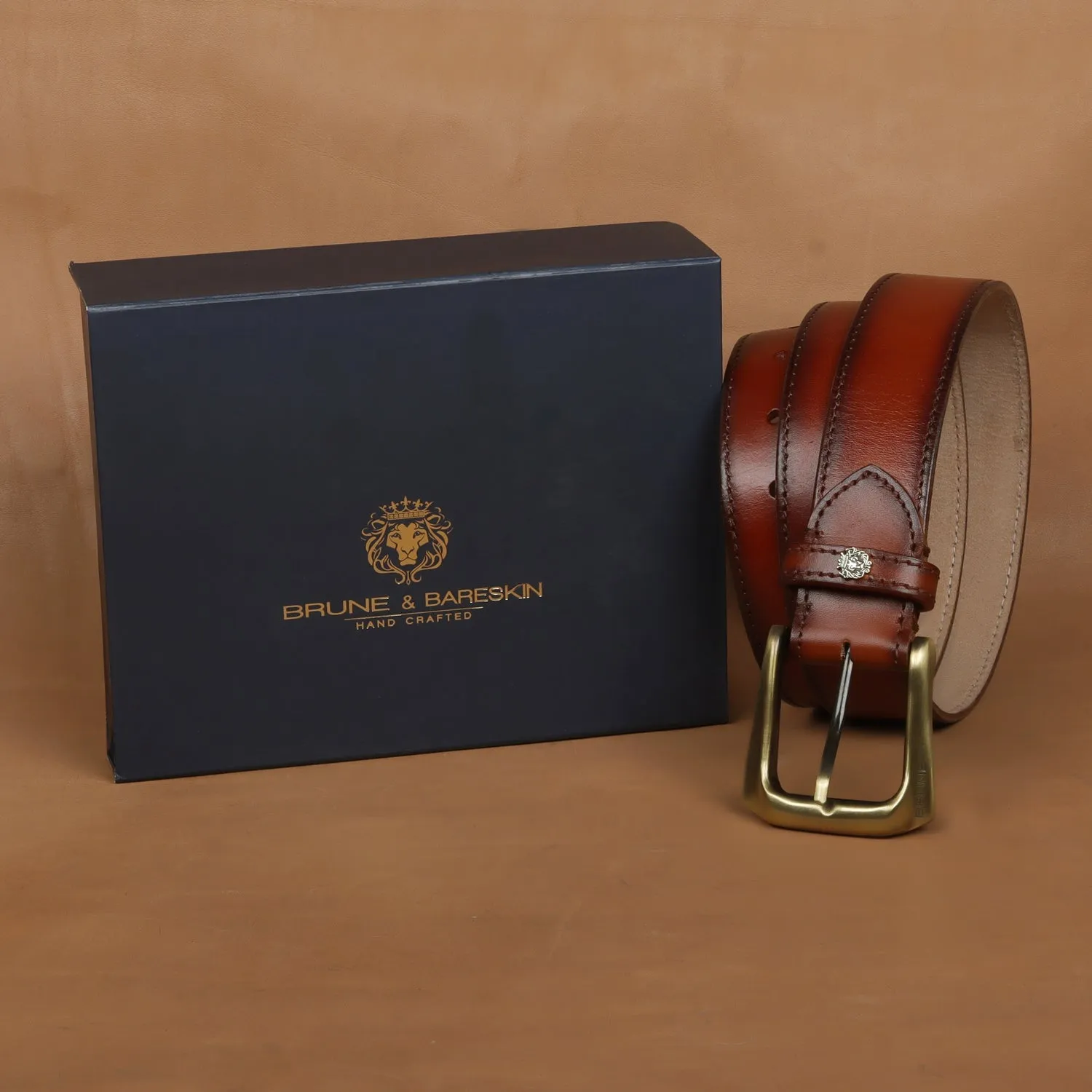 Burnished Tan Leather Belt With Smokey Gold New Slant Shape Buckle By Brune & Bareskin