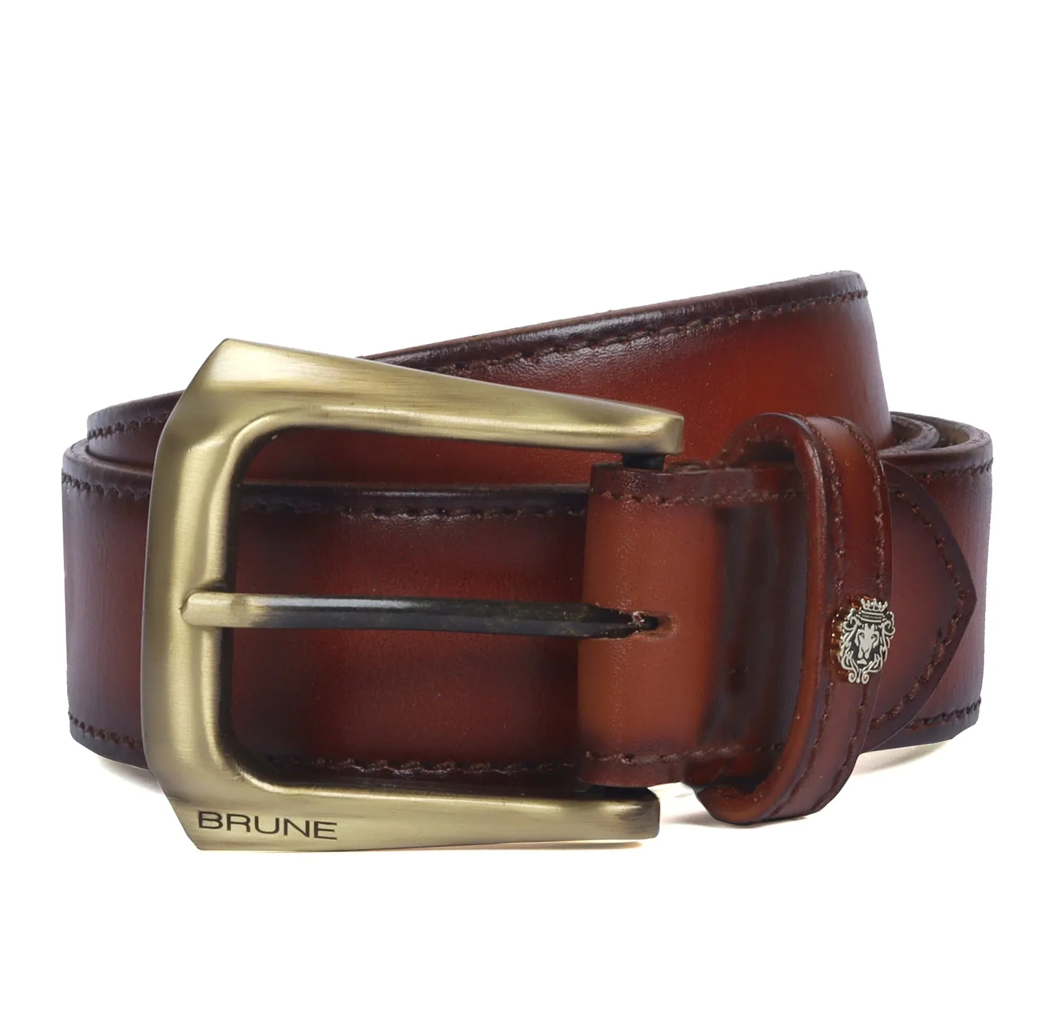 Burnished Tan Leather Belt With Smokey Gold New Slant Shape Buckle By Brune & Bareskin