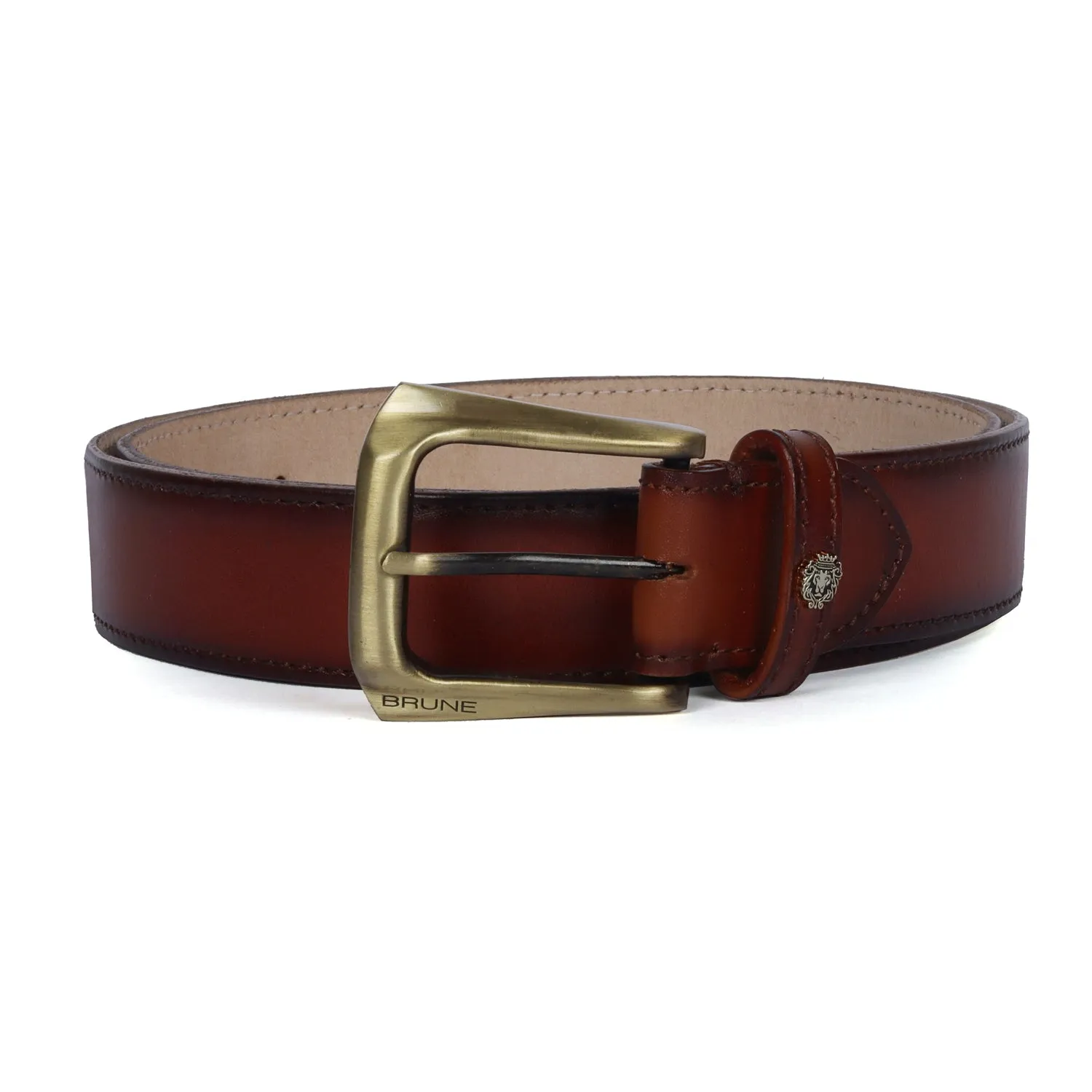 Burnished Tan Leather Belt With Smokey Gold New Slant Shape Buckle By Brune & Bareskin