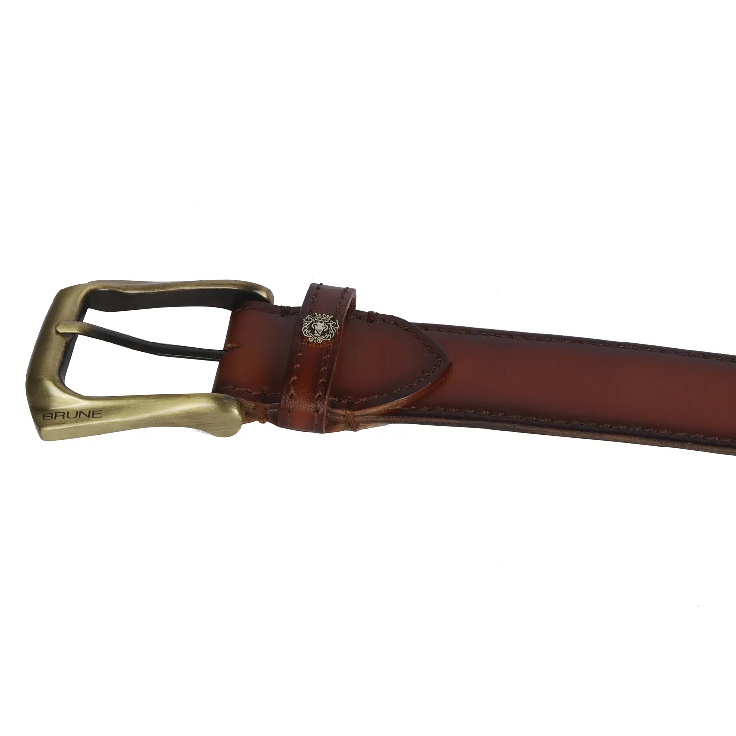 Burnished Tan Leather Belt With Smokey Gold New Slant Shape Buckle By Brune & Bareskin