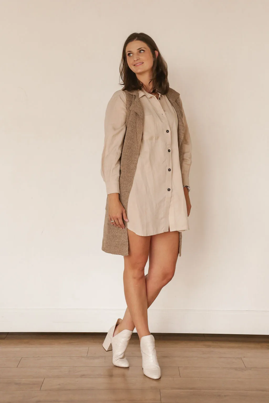 Button Down High Low Shirt Dress (TAN)