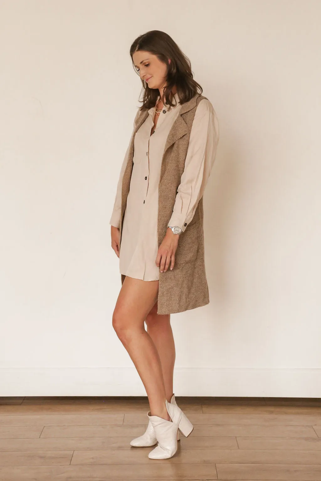 Button Down High Low Shirt Dress (TAN)