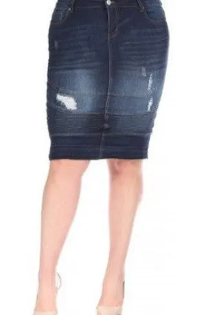 Button Waist Ribbed Ext Hem Denim Skirt