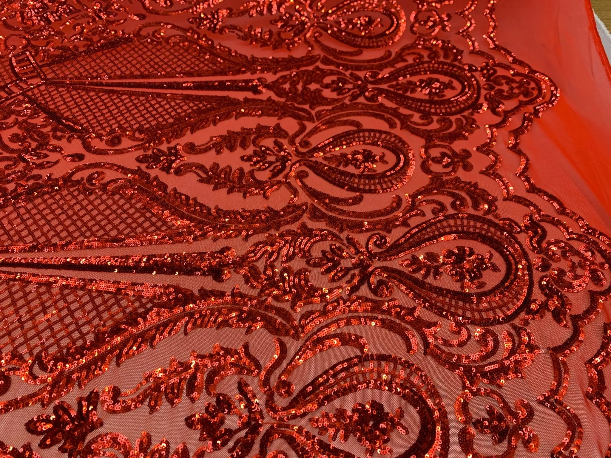 BY THE YARD/ Geometric Design Mesh Lace Fabric Sequins 4 Way Stretch On A Red Mesh/Lace Embroider (Red) Prom/Gowns Dress/Veil/ Tablecloths