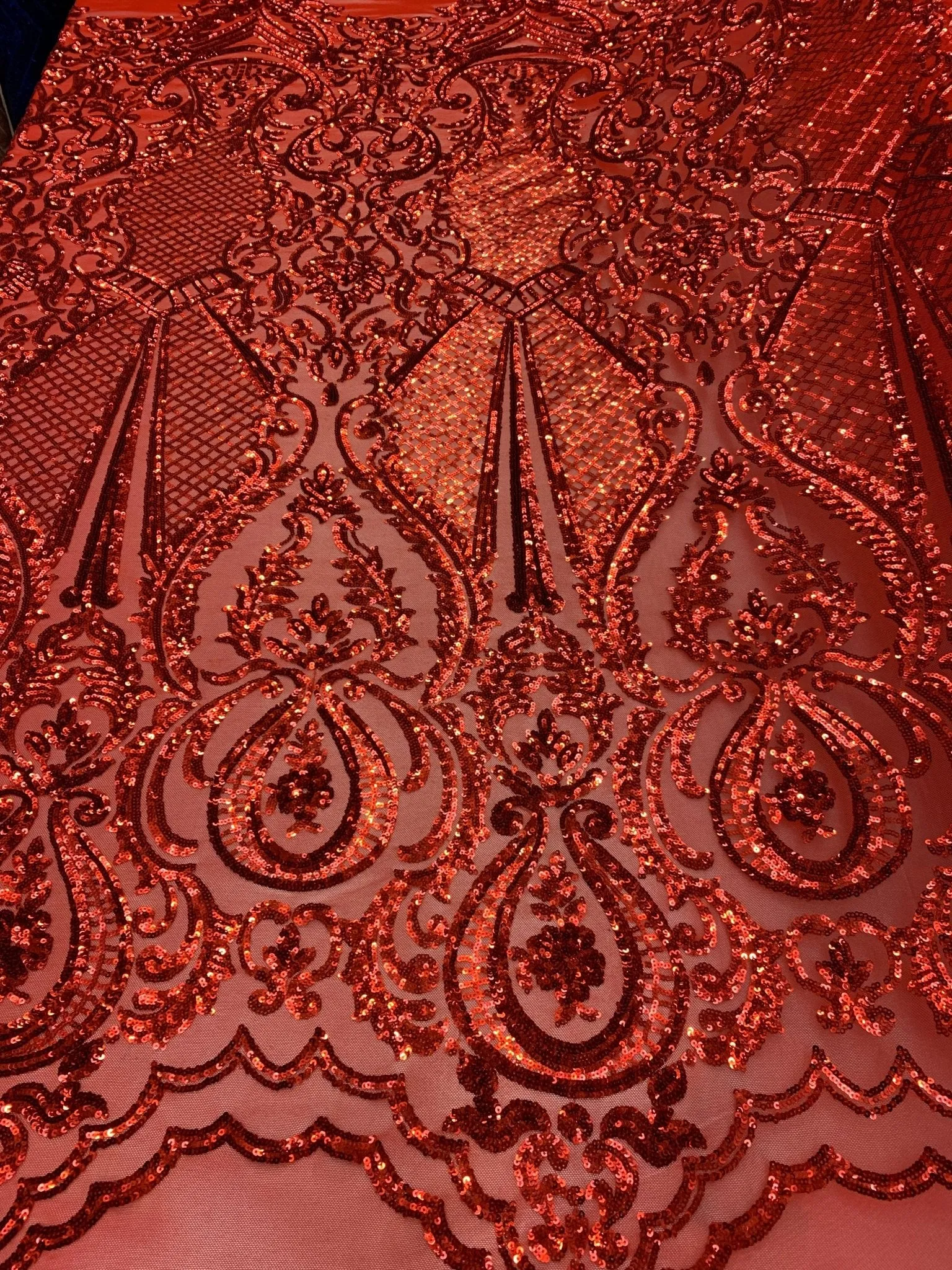 BY THE YARD/ Geometric Design Mesh Lace Fabric Sequins 4 Way Stretch On A Red Mesh/Lace Embroider (Red) Prom/Gowns Dress/Veil/ Tablecloths