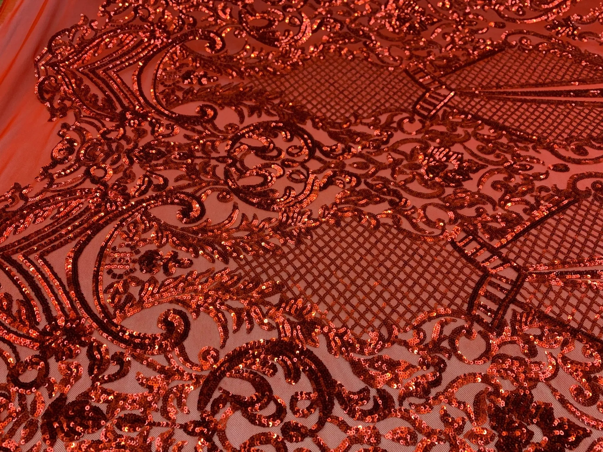 BY THE YARD/ Geometric Design Mesh Lace Fabric Sequins 4 Way Stretch On A Red Mesh/Lace Embroider (Red) Prom/Gowns Dress/Veil/ Tablecloths