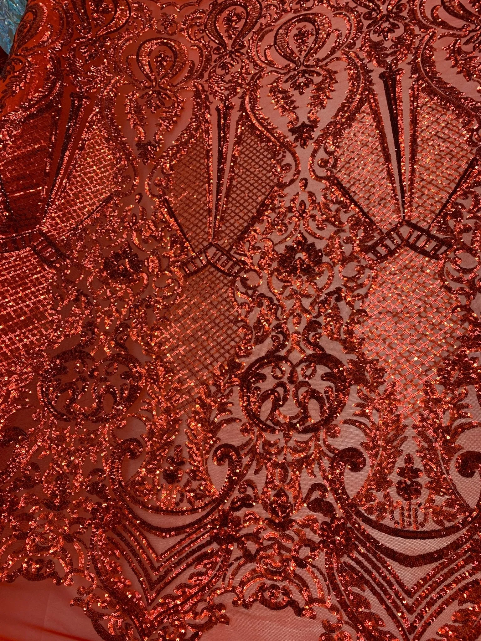 BY THE YARD/ Geometric Design Mesh Lace Fabric Sequins 4 Way Stretch On A Red Mesh/Lace Embroider (Red) Prom/Gowns Dress/Veil/ Tablecloths