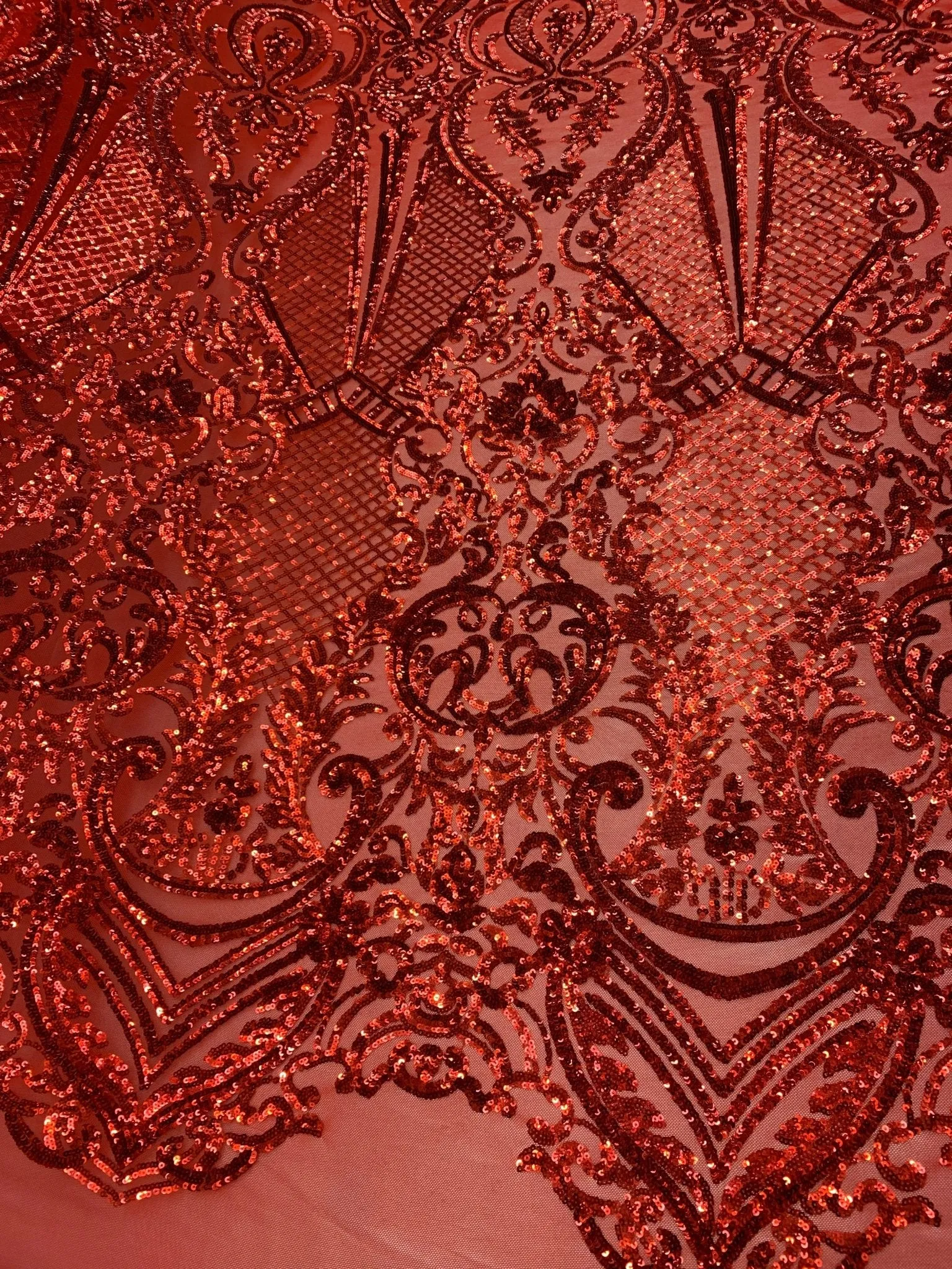 BY THE YARD/ Geometric Design Mesh Lace Fabric Sequins 4 Way Stretch On A Red Mesh/Lace Embroider (Red) Prom/Gowns Dress/Veil/ Tablecloths