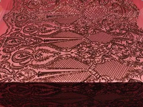 BY THE YARD/ Geometric Design Mesh Lace Fabric Sequins 4 Way Stretch On A White Mesh/Handmade Lace Embroider Prom/Gowns/Wedding Dress