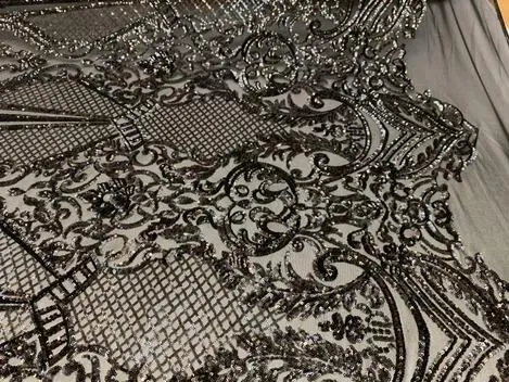 BY THE YARD/ Geometric Design Mesh Lace Fabric Sequins 4 Way Stretch On A White Mesh/Handmade Lace Embroider Prom/Gowns/Wedding Dress