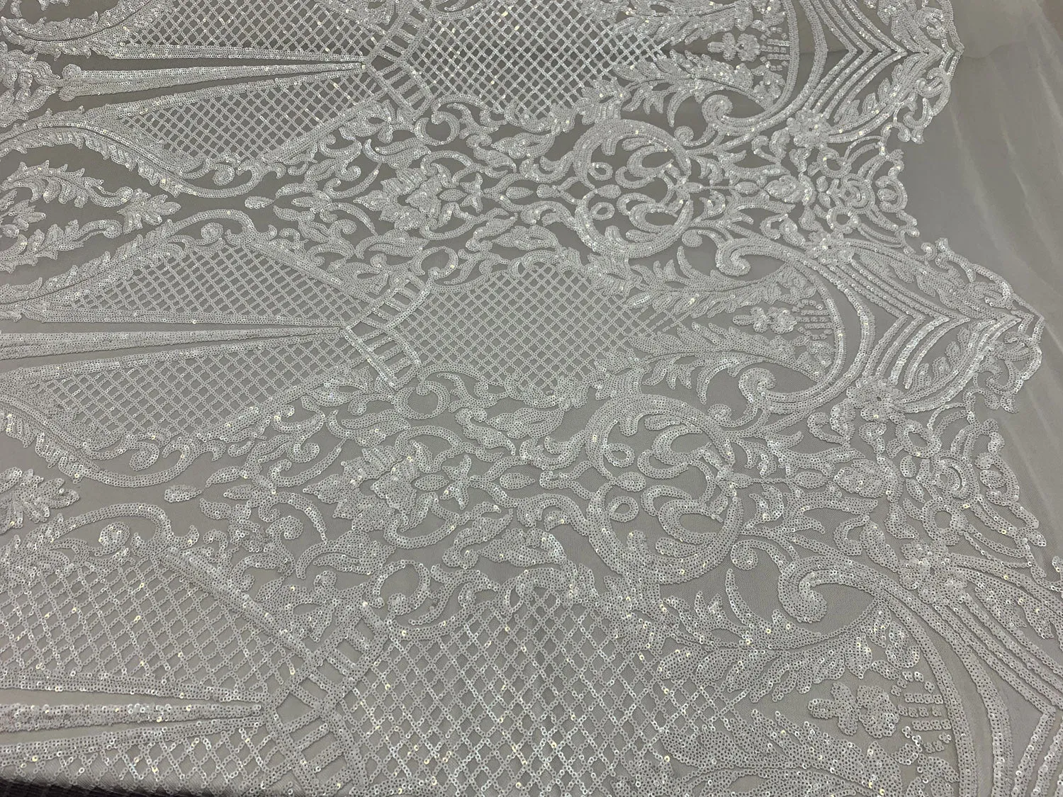 BY THE YARD/ Geometric Design Mesh Lace Fabric Sequins 4 Way Stretch On A White Mesh/Handmade Lace Embroider Prom/Gowns/Wedding Dress