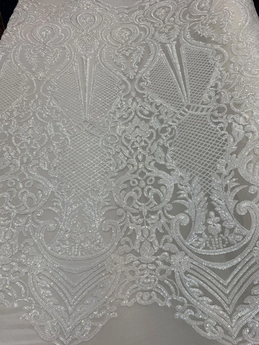 BY THE YARD/ Geometric Design Mesh Lace Fabric Sequins 4 Way Stretch On A White Mesh/Handmade Lace Embroider Prom/Gowns/Wedding Dress