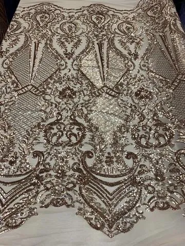 BY THE YARD/ Geometric Design Mesh Lace Fabric Sequins 4 Way Stretch On A White Mesh/Handmade Lace Embroider Prom/Gowns/Wedding Dress