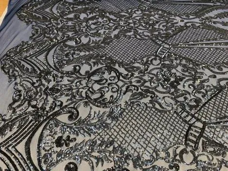 BY THE YARD/ Geometric Design Mesh Lace Fabric Sequins 4 Way Stretch On A White Mesh/Handmade Lace Embroider Prom/Gowns/Wedding Dress