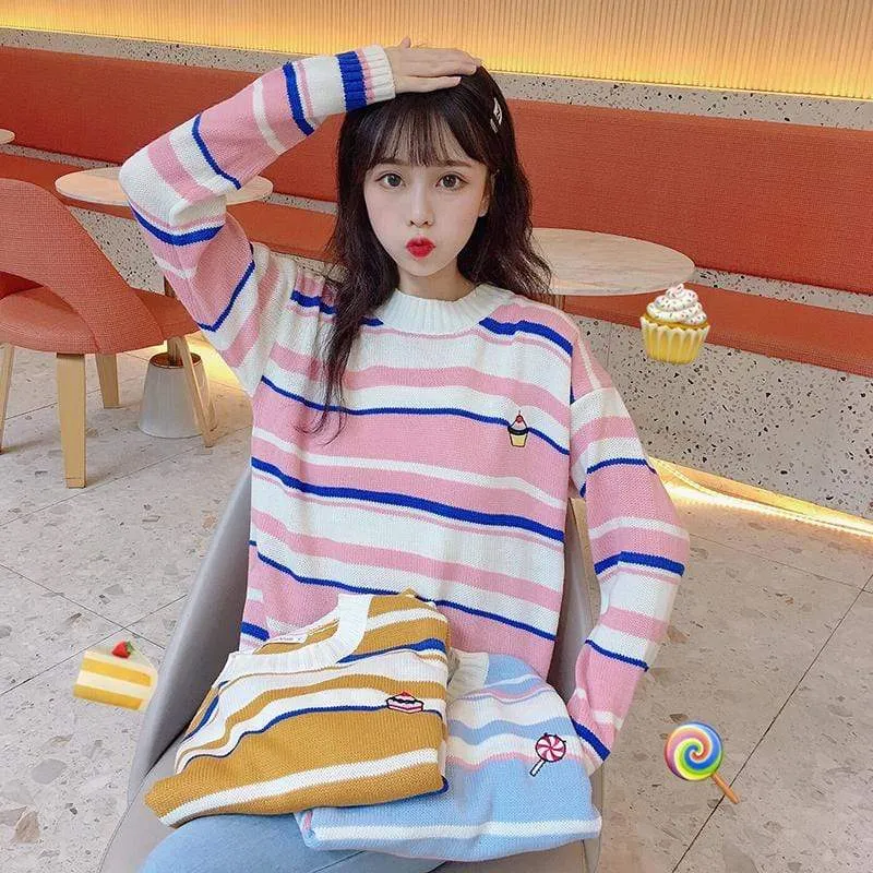 Candy Contrast Color Stripes Knitted Tops