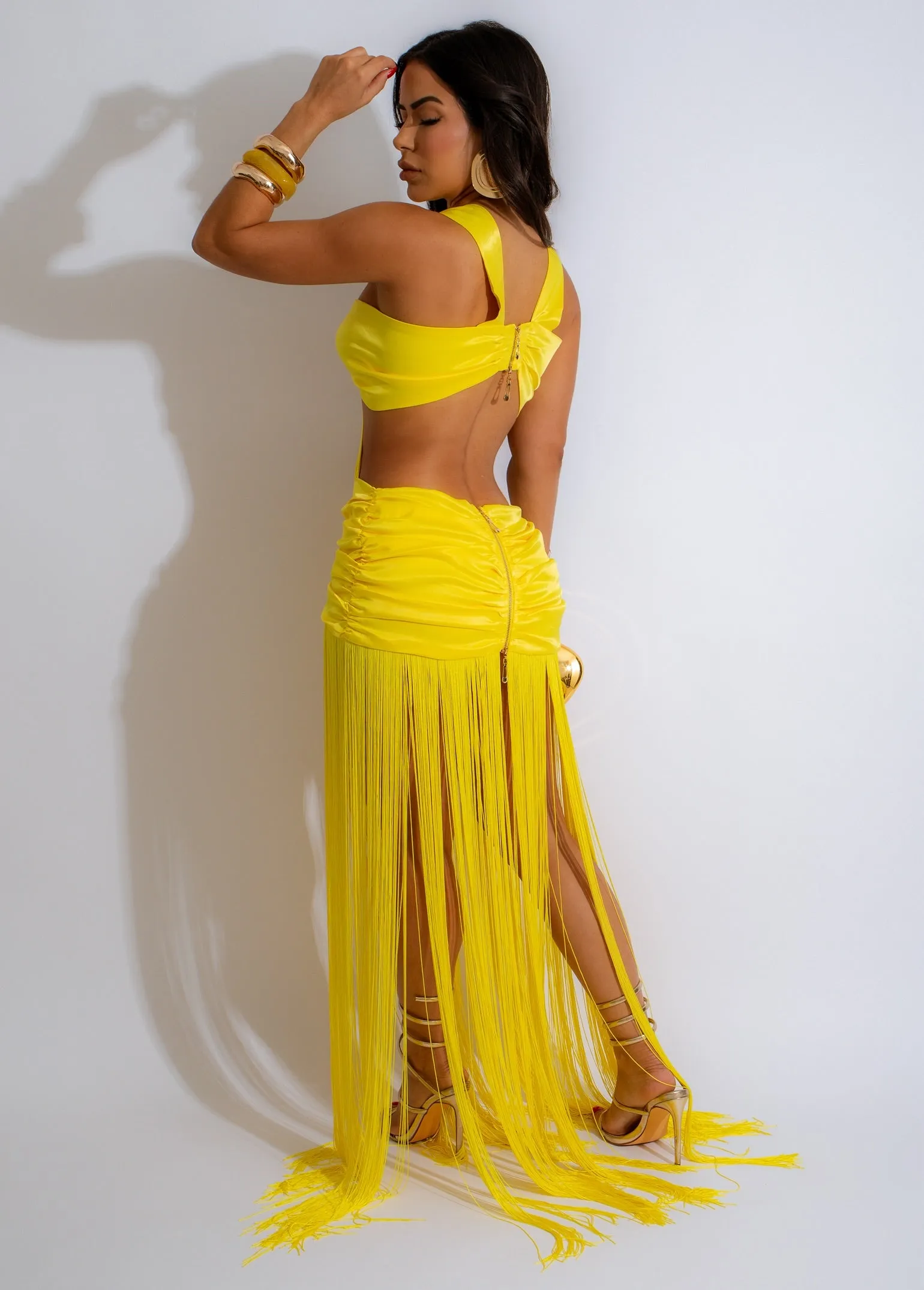 Captivating Fringe Ruched Maxi Dress Yellow