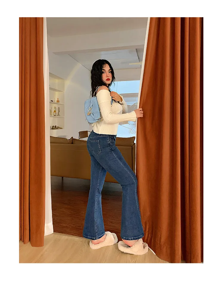 Chana Solid Color Denim Low Waist Flare Jeans Pants