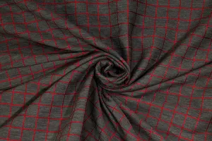 Charcoal Gray and Red Window Pane Brocade